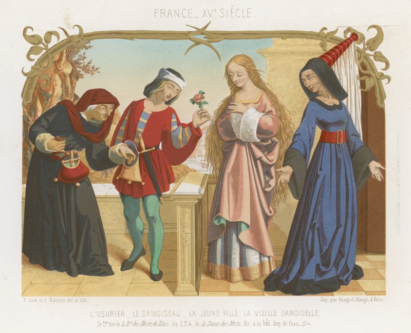 Lichwiarz, dziedzic, młoda kobieta i stara kobieta autorstwa French School
