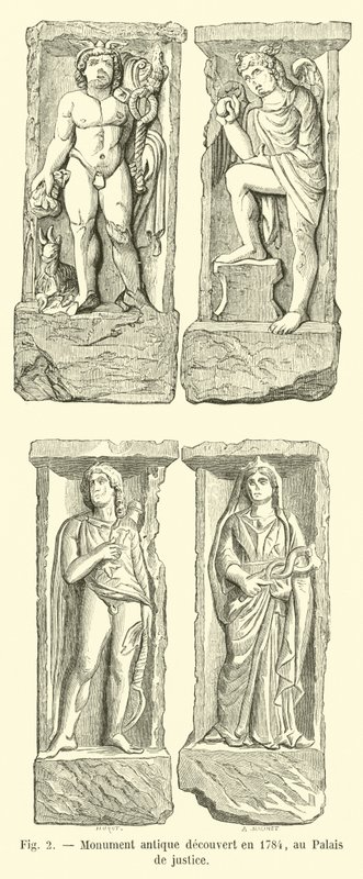 Antyczny pomnik odkryty w 1784 r. w Pałacu Sprawiedliwości autorstwa French School