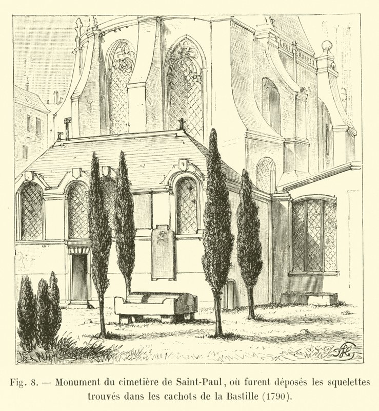 Pomnik na cmentarzu św. Pawła, gdzie złożono szkielety znalezione w lochach Bastylii, 1790 autorstwa French School