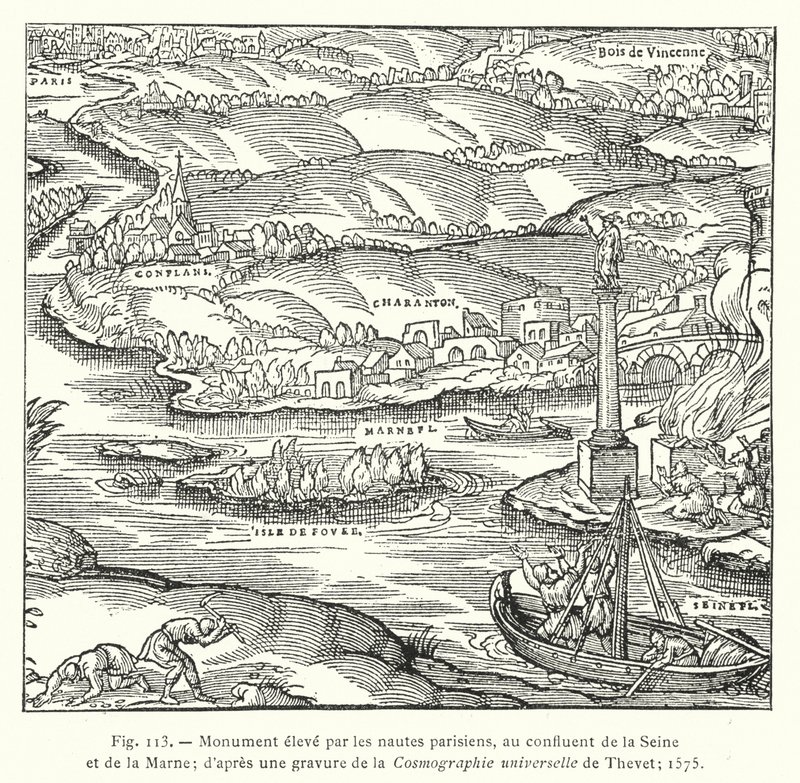 Pomnik wzniesiony przez paryskich żeglarzy u zbiegu Sekwany i Marny; po rycinie Kosmografii uniwersalnej Theveta; 1575 (grawerowanie) autorstwa French School