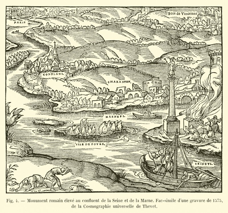 Pomnik rzymski wzniesiony u zbiegu Sekwany i Marny, faksymile ryciny z 1575 r. z Cosmographie universelle firmy Thevet autorstwa French School