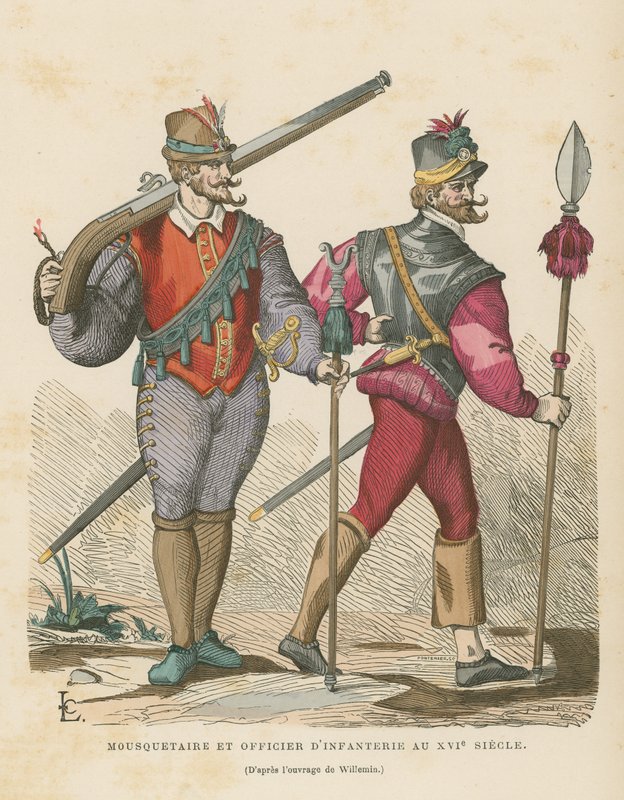 Muszkieter i oficer piechoty, XVI wiek autorstwa French School