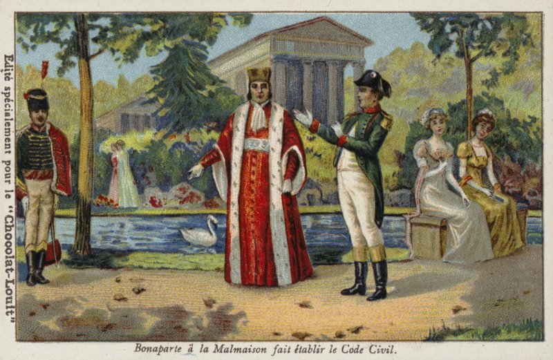 Napoleon Bonaparte ustanawiający Kodeks Napoleoński w Chateau de Malmaison, Francja, 1804 autorstwa French School