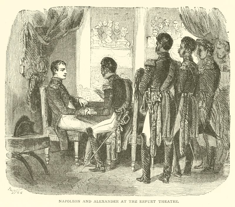 Napoleon i Aleksander w Teatrze w Erfurcie (grafika) autorstwa French School