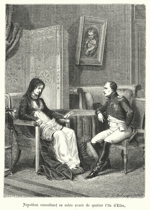 Napoleon konsultuje się z matką przed opuszczeniem wyspy Elba (rycina) autorstwa French School