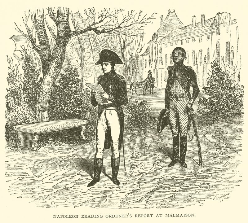 Napoleon czytając raport zamawiającego w Malmaison (grawerowanie) autorstwa French School