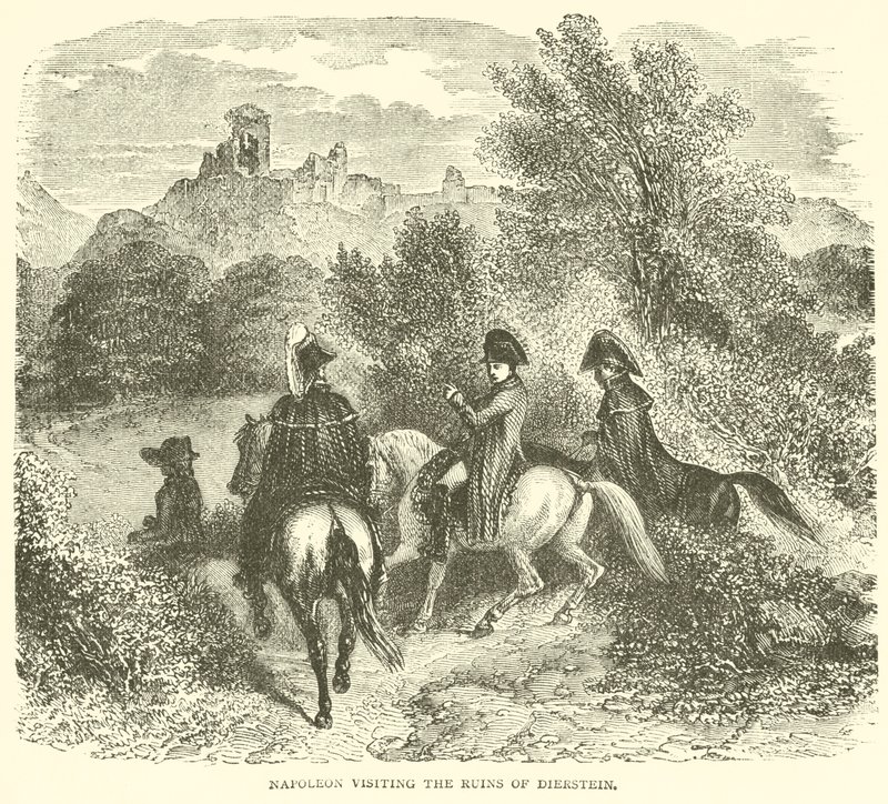 Napoleon zwiedzający ruiny Dierstein (rycina) autorstwa French School