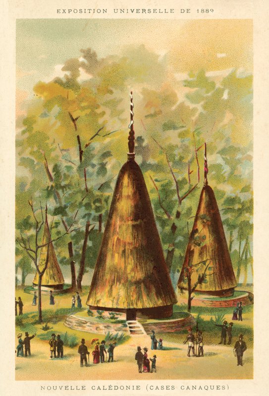 Nowa Kaledonia (chaty Kanak), Exposition Universelle 1889, Paryż (chromolitho) autorstwa French School