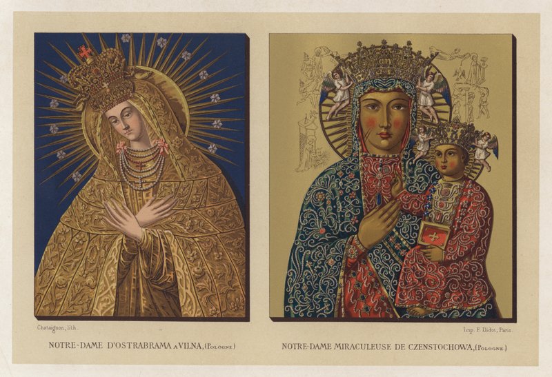 Matki Bożej Ostrobramskiej w Wilnie, Polska; Matka Boża Cudowna Częstochowska, Polska (chromolitho) autorstwa French School