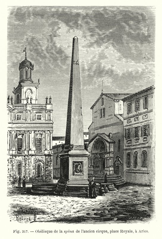 Obelisk kręgosłupa starego cyrku, place Royale, w Arles (rycina) autorstwa French School