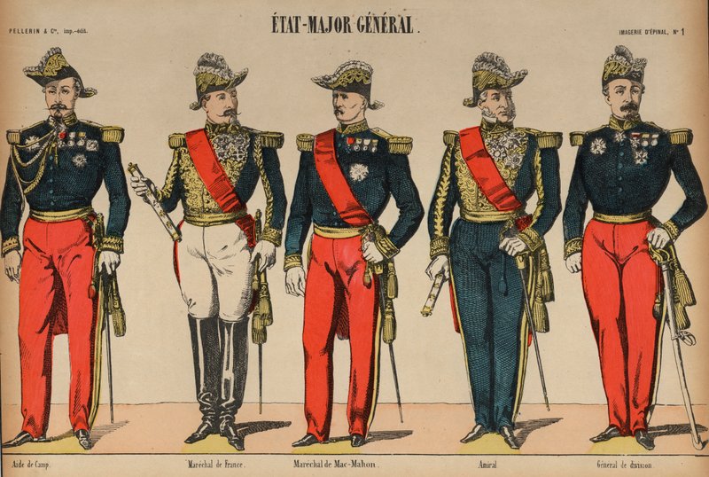 Oficerowie francuskiego Sztabu Generalnego (kolorowy grawerunek) autorstwa French School
