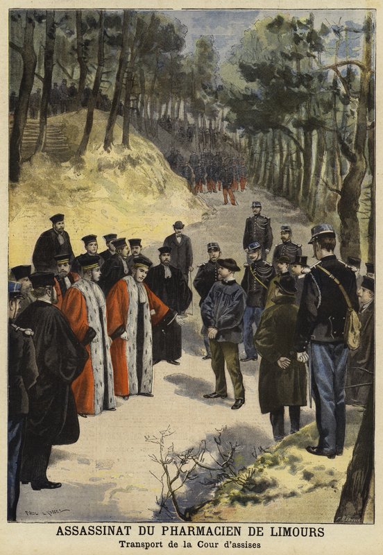 Funkcjonariusze sądu odwiedzający miejsce zabójstwa pana Kauffmanna, aptekarza z Limours k. Royat we Francji, 1897 autorstwa French School