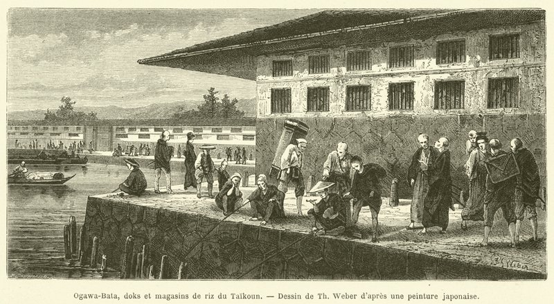 Ogawa-Bata, doki i magazyny ryżu Taikoun (grawerowanie) autorstwa French School