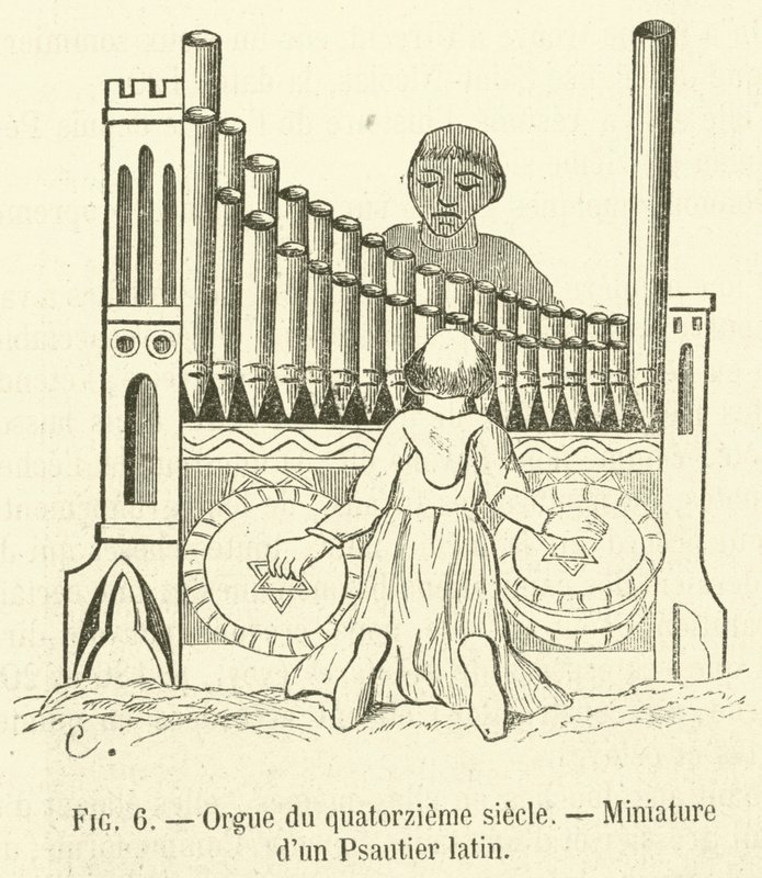 Organy z XIV w. Miniatura psałterza łacińskiego (rycina) autorstwa French School