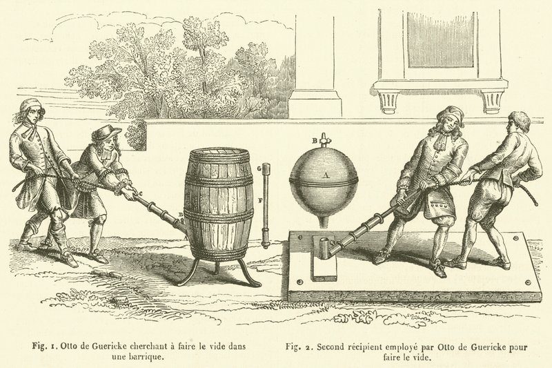 Otto de Guericke dążący do wytworzenia próżni w beczce, Drugi odbiorca zatrudniony przez Otto de Guericke do wytworzenia próżni (grawerunek) autorstwa French School