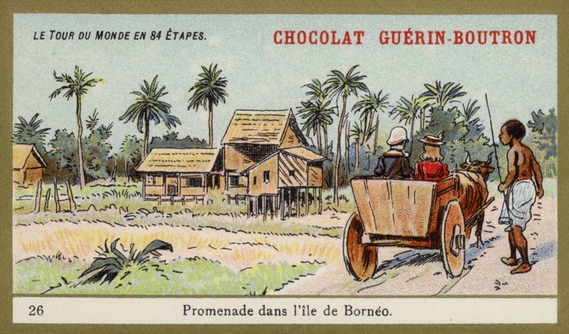 Przejażdżka wozem wołowym na wyspie Borneo (chromolitho) autorstwa French School