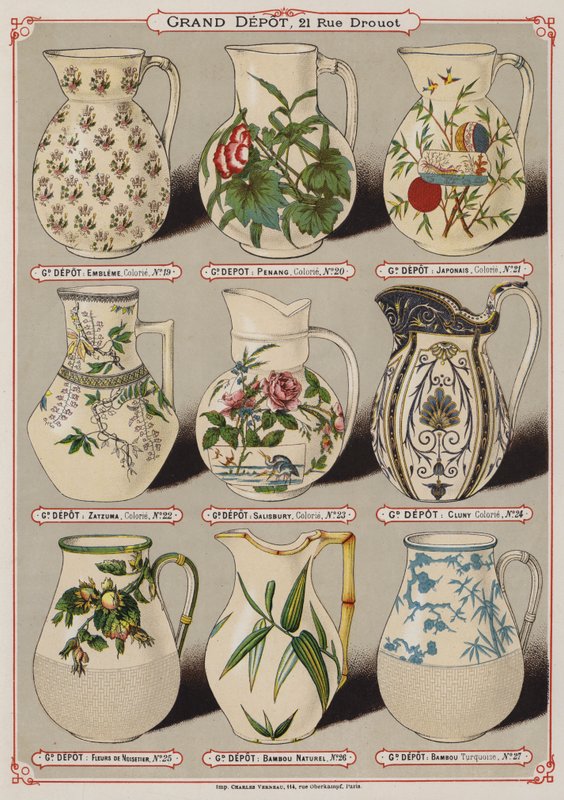 Strona z katalogu Grand Depot de Porcelaines, Faiences et Verreries (kolor lito) autorstwa French School