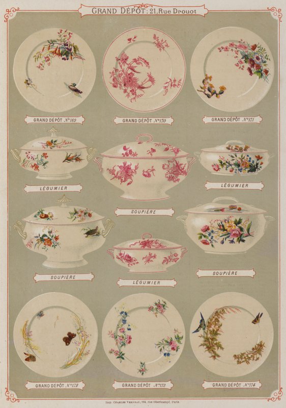 Strona z katalogu Grand Depot de Porcelaines, Faiences et Verreries (kolor lito) autorstwa French School