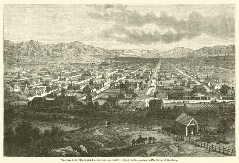 Panorama miasta wielkiego jeziora Sale (miasto świętych) (rycina) autorstwa French School