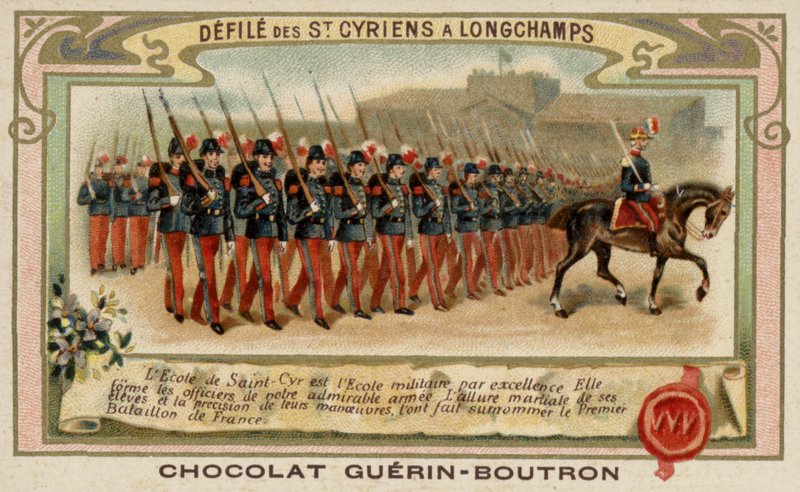 Parada kadetów ze Szkoły Wojskowej Saint-Cyr w Longchamps we Francji (chromolitho) autorstwa French School