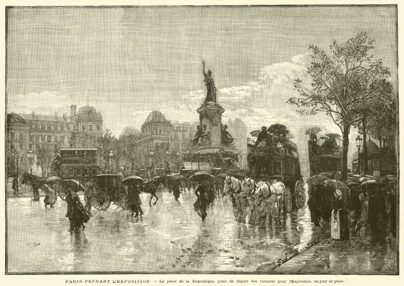 Paryż podczas wystawy, Place de la Republique, punkt odjazdu samochodów na wystawę, w deszczowy dzień (grawerowanie) autorstwa French School