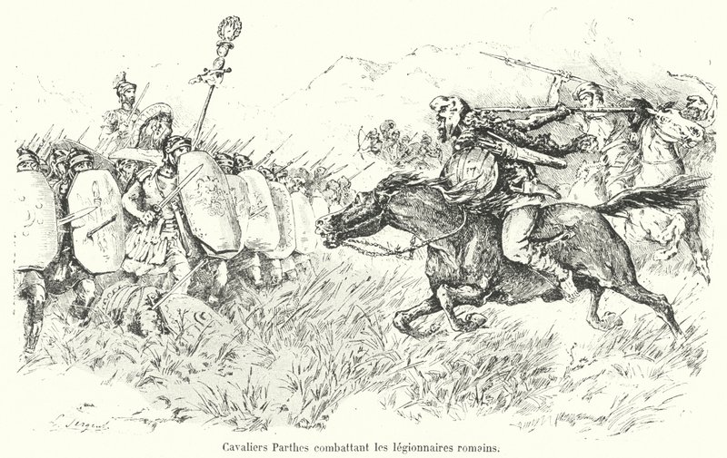 Kawaleria Partów atakująca rzymskich legionistów (rycina) autorstwa French School