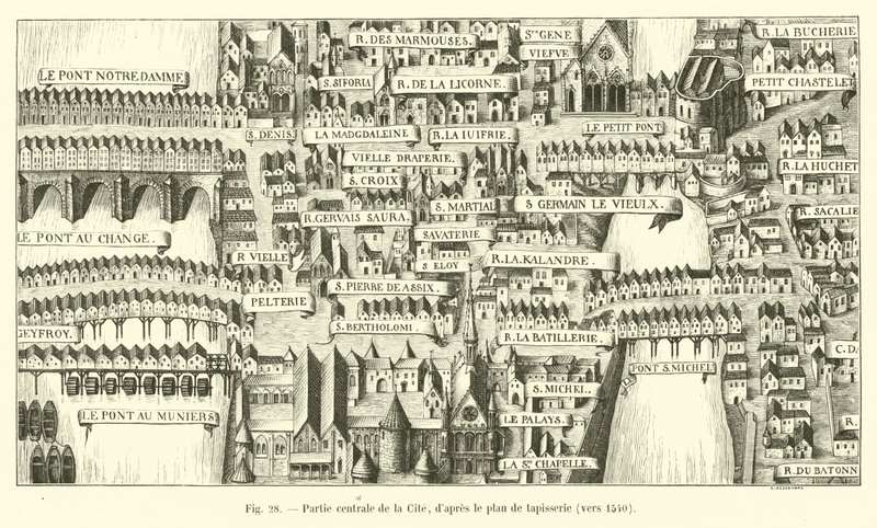 Centralna część Cite, według planu gobelinowego, ok. 1540 autorstwa French School