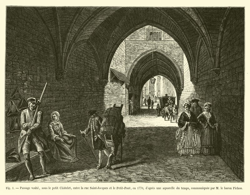 Sklepione przejście pod Petit Chatelet, między Rue Saint-Jacques i Petit-Pont, w 1770 r., po ówczesnej akwareli, przekazanej przez M le Baron Pichon autorstwa French School