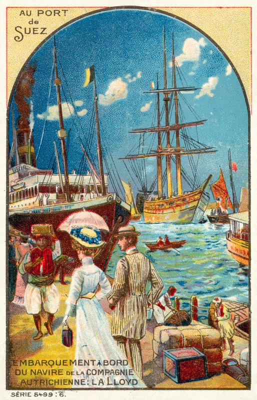 Pasażerowie wsiadający na statek linii Austrian Lloyd w porcie Suez w Egipcie (chromolitho) autorstwa French School