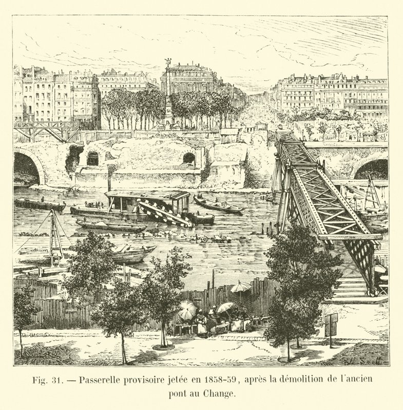 Prowizoryczna kładka rzucona w latach 1858-59, po wyburzeniu starego Pont au Change autorstwa French School