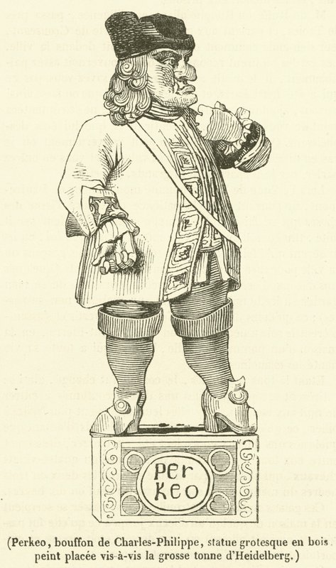 Perkeo, błazen Karola Filipa, groteskowa statua z malowanego drewna naprzeciw wielkiej tony Heidelbergu (rycina) autorstwa French School