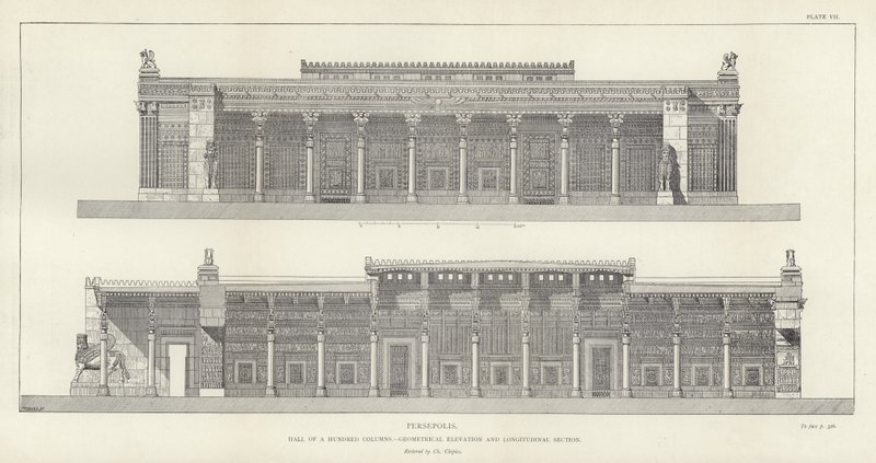 Persepolis, Sala Stu Kolumn, geometryczna elewacja i przekrój podłużny, odrestaurowana przez Ch Chipieza autorstwa French School