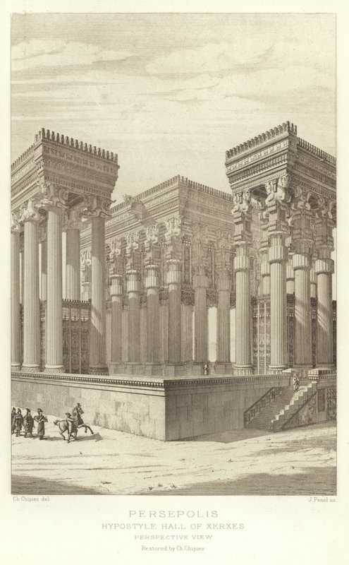 Persepolis, hipostylowa sala Kserksesa, widok perspektywiczny, odrestaurowany przez Ch Chipieza autorstwa French School