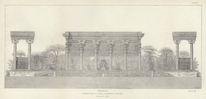 Persepolis, Hypostylowa Sala Kserksesa, geometryczna elewacja, odrestaurowana przez Ch Chipieza autorstwa French School