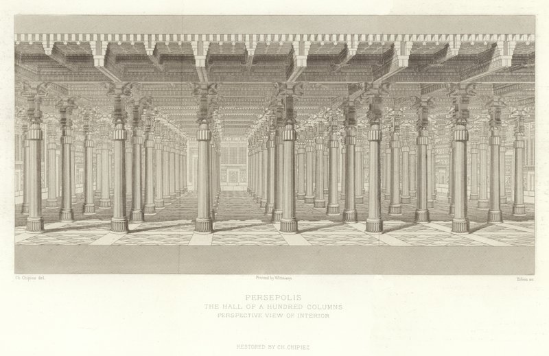 Persepolis, Sala Stu Kolumn, Perspektywiczny widok wnętrza, odrestaurowany przez Ch Chipieza autorstwa French School