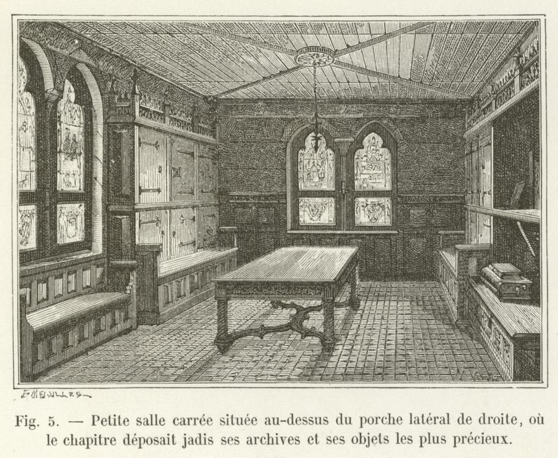Małe kwadratowe pomieszczenie nad prawym bocznym gankiem, w którym kapituła zdeponowała niegdyś swoje archiwum i najcenniejsze przedmioty autorstwa French School