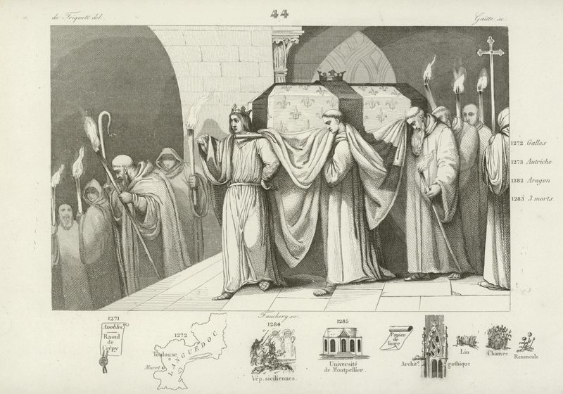 Filip III z Francji pomagający nieść trumnę swojego ojca, Ludwika IX autorstwa French School