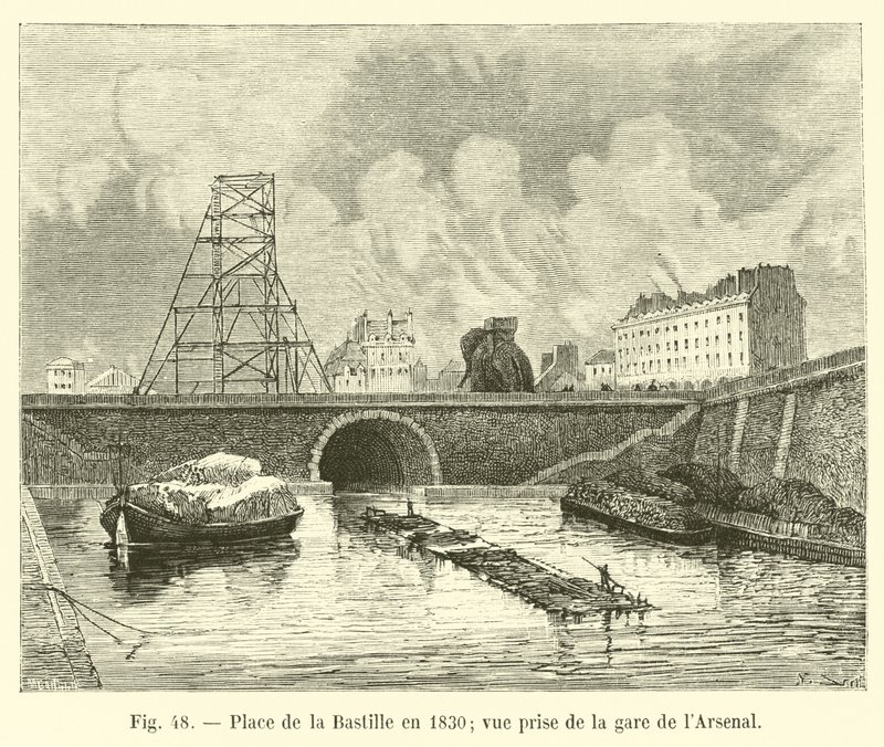 Place de la Bastille w 1830 roku, widok z Gare de lArsenal autorstwa French School