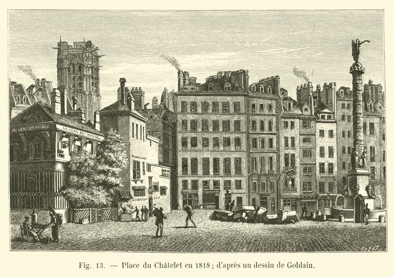 Place du Chatelet w 1818 r.; po rysunku Gobelina autorstwa French School