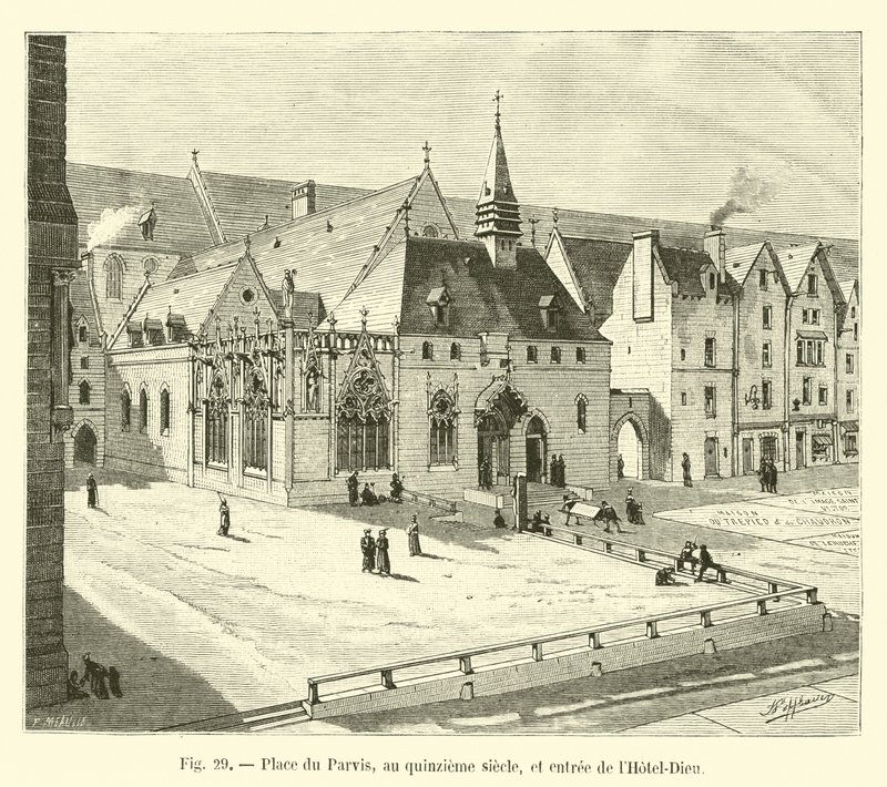 Place du Parvis z XV wieku i wejście do Hôtel-Dieu autorstwa French School