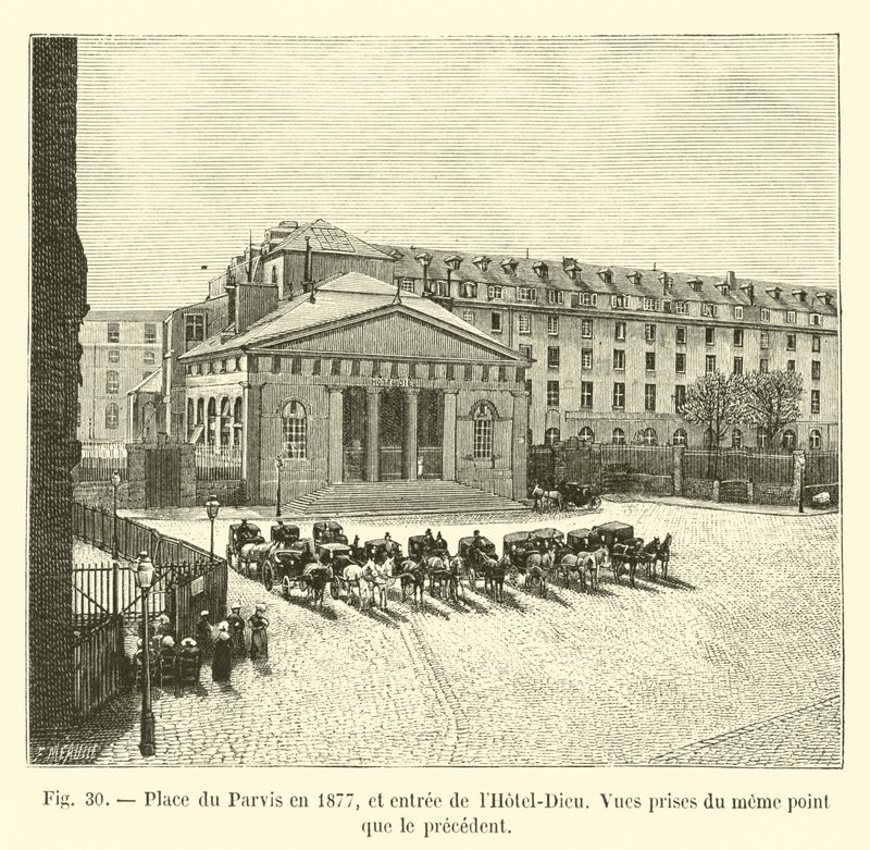 Place du Parvis w 1877 r. i wejście do Hôtel-Dieu, Widoki z tego samego punktu co poprzednie autorstwa French School