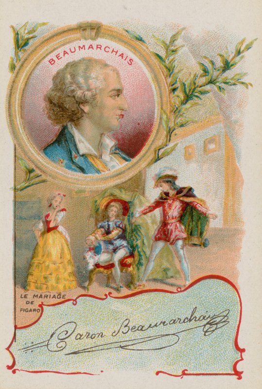 Dramaturg Pierre-Augustin Caron de Beaumarchais ze sceną z Wesela Figara autorstwa French School