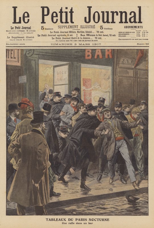 Nalot policji na bar w Paryżu w nocy (kolor lito) autorstwa French School