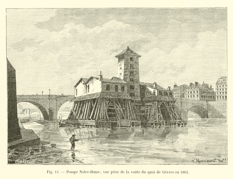 Pompa Notre-Dame, widok ze sklepienia Quai de Gevres w 1861 r. autorstwa French School