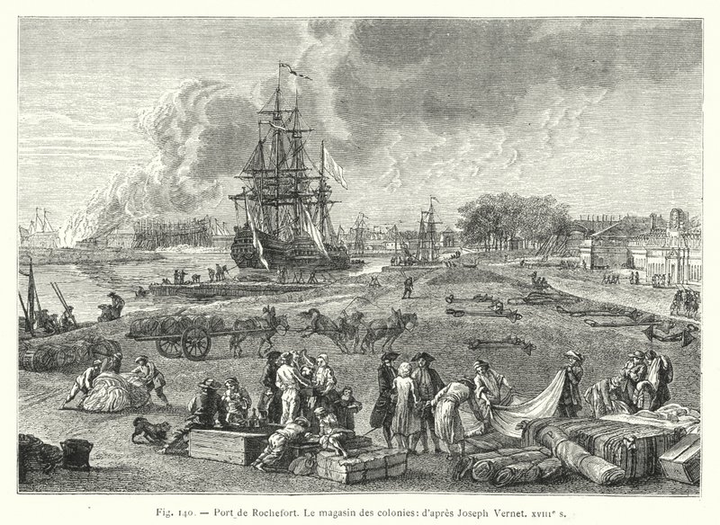 Port Rochefort, sklep kolonialny; wg Josepha Verneta XVIII w. (rycina) autorstwa French School