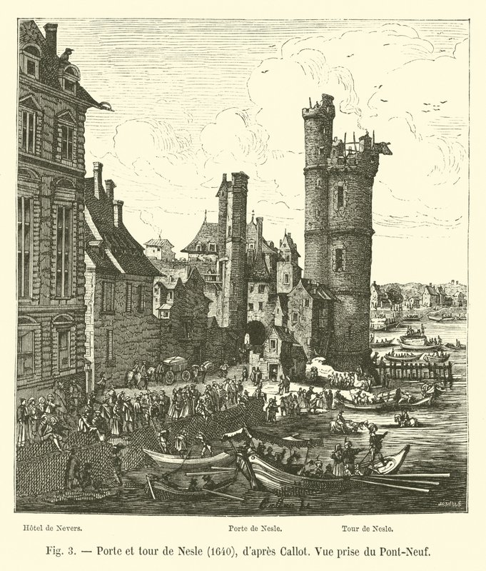 Brama i wieża Nesle, 1640, za Callot, Widok z Pont-Neuf autorstwa French School