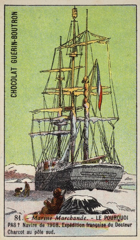 Pourquoi Pas, statek używany podczas francuskiej ekspedycji Jean-Baptiste Charcota na Biegun Południowy w latach 1908-1910 (chromolitho) autorstwa French School