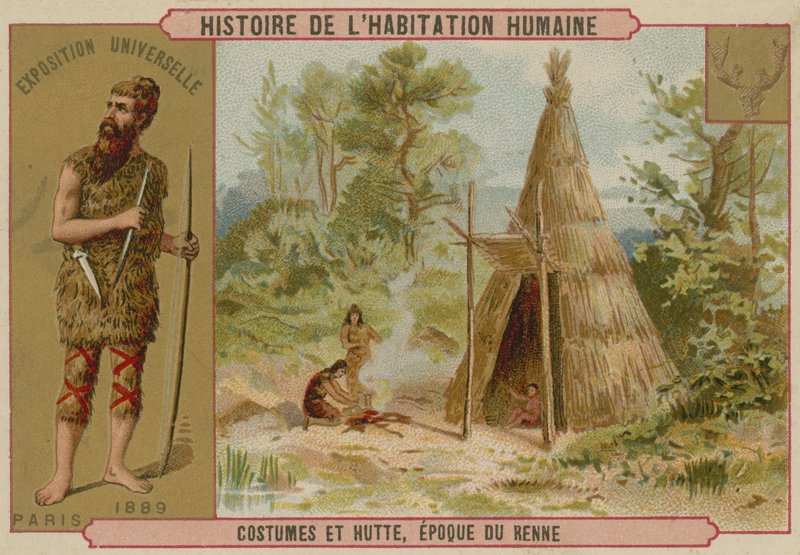 Prehistoryczny kostium i chata autorstwa French School