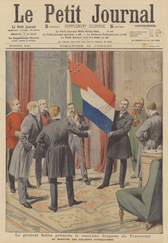 Premier Louis Botha prezentuje nową flagę kolonii Transwalu brytyjskiemu kolonializmowi … (kolor lito) autorstwa French School