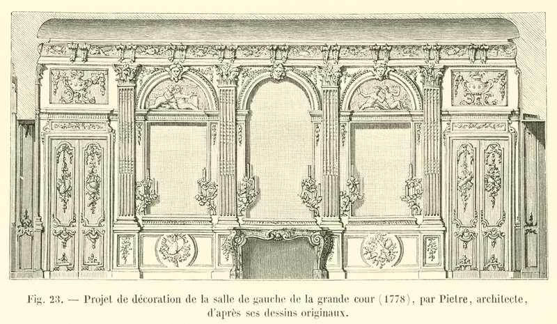 Projekt dekoracji lewego pomieszczenia dużego dziedzińca, 1778, autorstwa architekta Pietre, z jego oryginalnych rysunków autorstwa French School